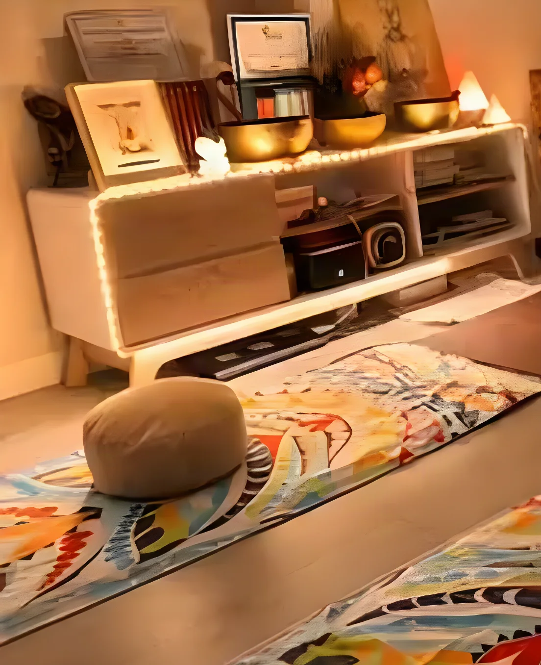 La sala de yoga de Apsarah, con las esterillas preparadas y luz cálida